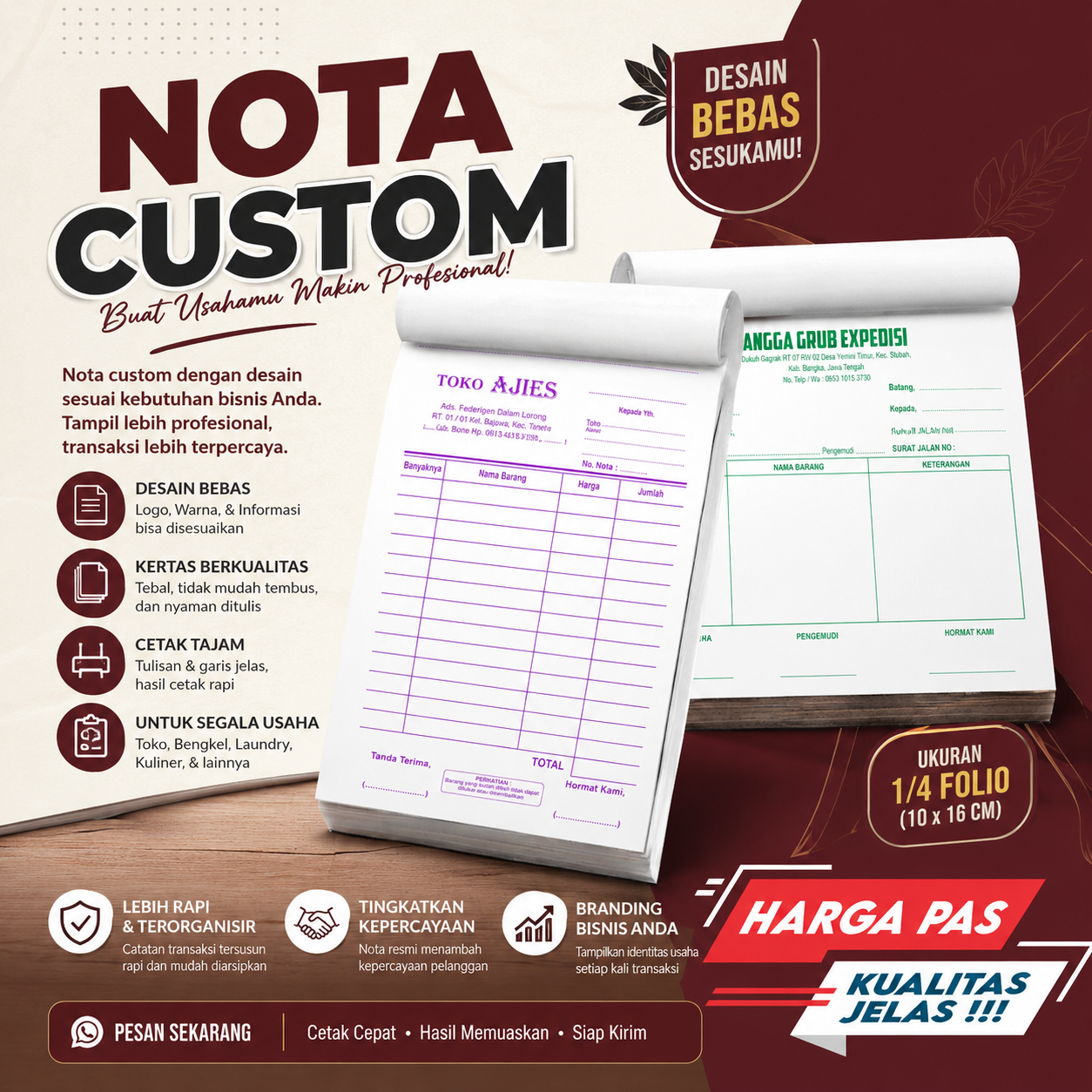 Nota Custom Ukuran 1/4 Folio 10x16 cm